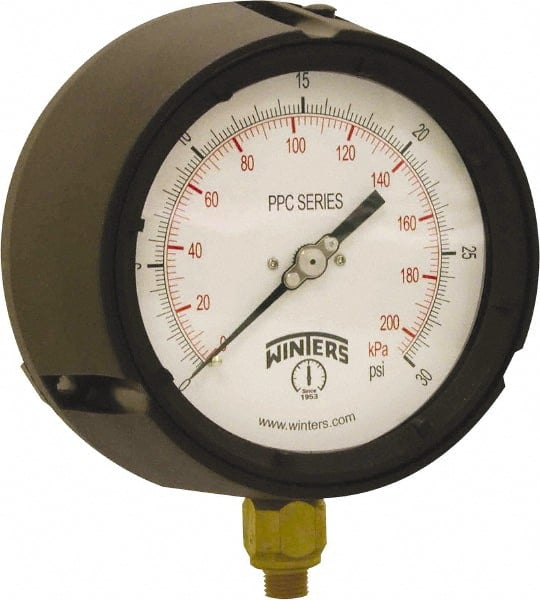 Winters - 4-1/2" Dial, 1/4 Thread, 0-30 Scale Range, Pressure Gauge - Bottom Connection Mount, Accurate to ±0.5% of Scale - Exact Tooling
