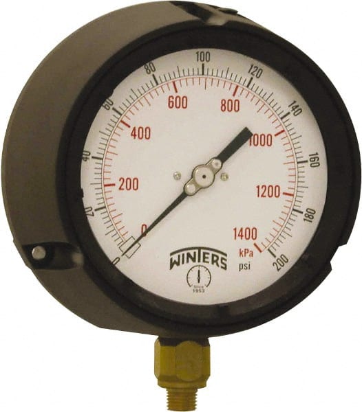 Winters - 4-1/2" Dial, 1/4 Thread, 0-200 Scale Range, Pressure Gauge - Bottom Connection Mount, Accurate to ±0.5% of Scale - Exact Tooling
