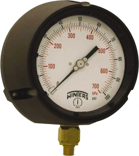 Winters - 4-1/2" Dial, 1/4 Thread, 0-100 Scale Range, Pressure Gauge - Bottom Connection Mount, Accurate to ±0.5% of Scale - Exact Tooling