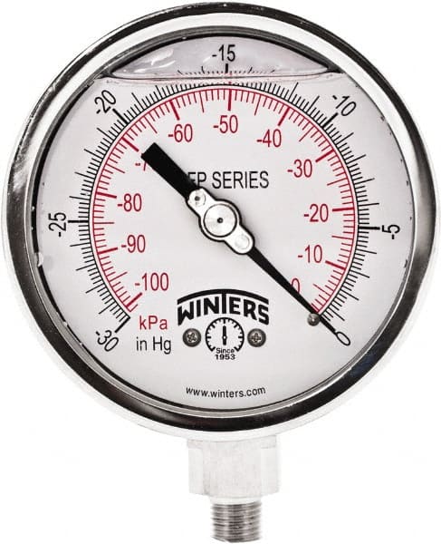 Winters - 4" Dial, 1/4 Thread, 30" HG Vac Scale Range, Pressure Gauge - Bottom Connection Mount, Accurate to 1% Full-Scale of Scale - Exact Tooling