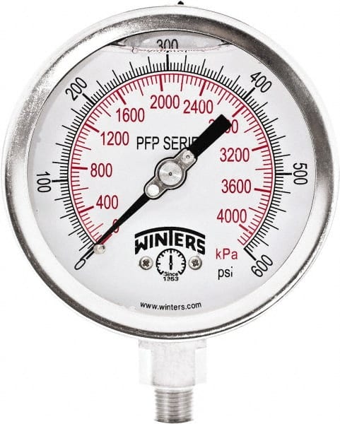 Winters - 4" Dial, 1/4 Thread, 0-600 Scale Range, Pressure Gauge - Bottom Connection Mount, Accurate to 0.01% of Scale - Exact Tooling