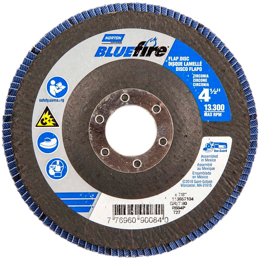 Norton - 4-1/2" 80 Grit 7/8" Center Hole Type 27 Zirconia Alumina Flap Disc - Exact Tooling