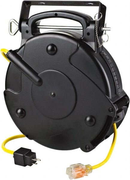 Value Collection - 12 AWG, 45' Cable Length, Cord & Cable Reel with Single Nema 5-20 End - 1 Outlet, NEMA 5-20R, 20 Amps, 120 Volts, SJTOW Cable, Black Reel, Spring Driven Reel - Exact Tooling