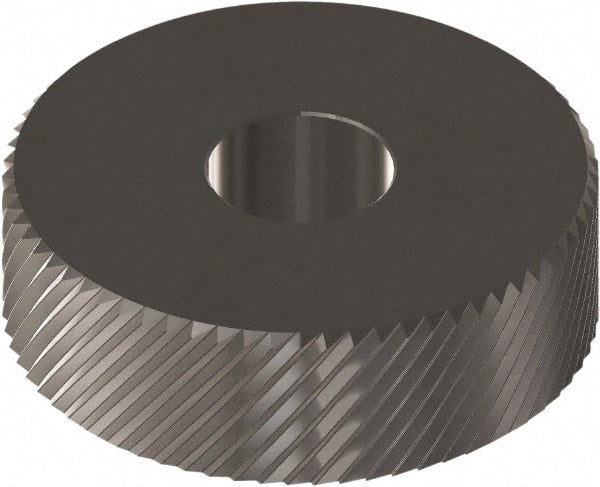 Made in USA - 5/8" Diam, 90° Tooth Angle, 25 TPI, Beveled Face, Form Type Cobalt Right-Hand Diagonal Knurl Wheel - 1/4" Face Width, 1/4" Hole, Circular Pitch, 30° Helix, Ferritic Nitrocarburizing Finish, Series GK - Exact Tooling