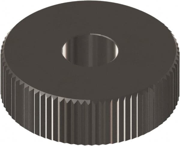 Made in USA - 5/8" Diam, 90° Tooth Angle, Beveled Face, Form Type Cobalt Straight Knurl Wheel - 1/4" Face Width, 1/4" Hole, 64 Diametral Pitch, 0° Helix, Ferritic Nitrocarburizing Finish, Series GK - Exact Tooling