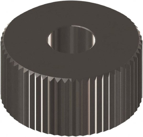 Made in USA - 1" Diam, 90° Tooth Angle, 20 TPI, Beveled Face, Form Type Cobalt Straight Knurl Wheel - 5/16" Face Width, 5/16" Hole, Circular Pitch, 0° Helix, Ferritic Nitrocarburizing Finish, Series OT - Exact Tooling