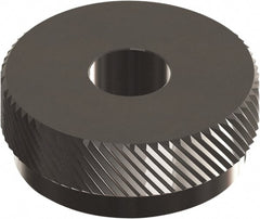 Made in USA - 1" Diam, 90° Tooth Angle, 14 TPI, Beveled Face, Form Type Cobalt Left-Hand Diagonal Knurl Wheel - 3/8" Face Width, 5/16" Hole, Circular Pitch, 30° Helix, Ferritic Nitrocarburizing Finish, Series OU - Exact Tooling