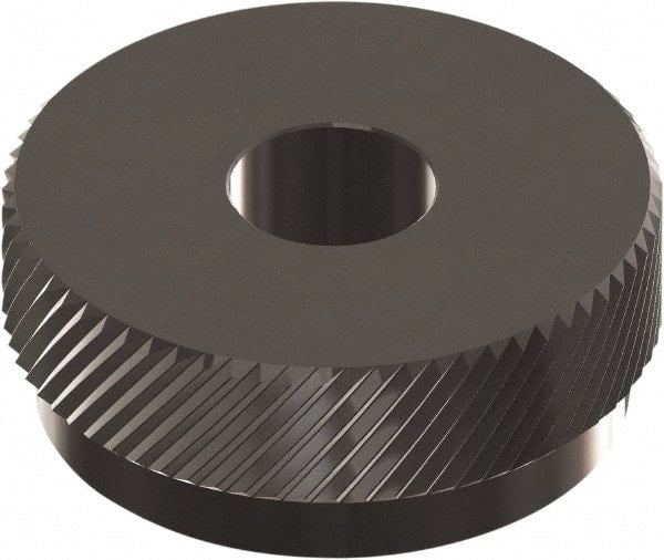 Made in USA - 1" Diam, 90° Tooth Angle, 25 TPI, Beveled Face, Form Type Cobalt Right-Hand Diagonal Knurl Wheel - 3/8" Face Width, 5/16" Hole, Circular Pitch, 30° Helix, Ferritic Nitrocarburizing Finish, Series OU - Exact Tooling