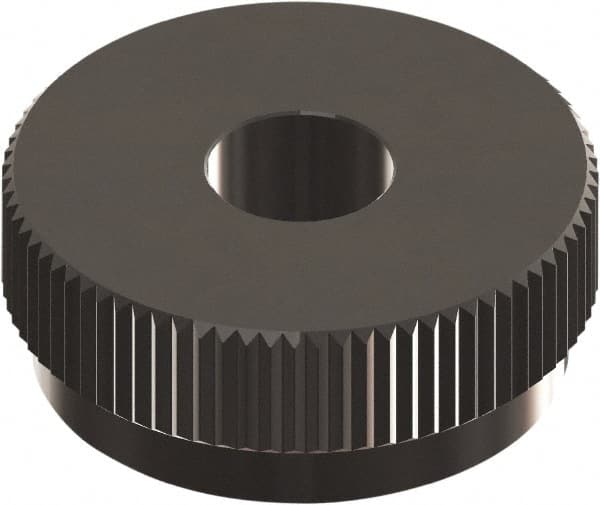 Made in USA - 1" Diam, 90° Tooth Angle, 25 TPI, Beveled Face, Form Type Cobalt Straight Knurl Wheel - 3/8" Face Width, 5/16" Hole, Circular Pitch, 0° Helix, Ferritic Nitrocarburizing Finish, Series OU - Exact Tooling
