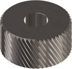 Made in USA - 1/2" Diam, 90° Tooth Angle, 20 TPI, Beveled Face, Form Type Cobalt Left-Hand Diagonal Knurl Wheel - 3/16" Face Width, 3/16" Hole, Circular Pitch, 30° Helix, Ferritic Nitrocarburizing Finish, Series EP - Exact Tooling