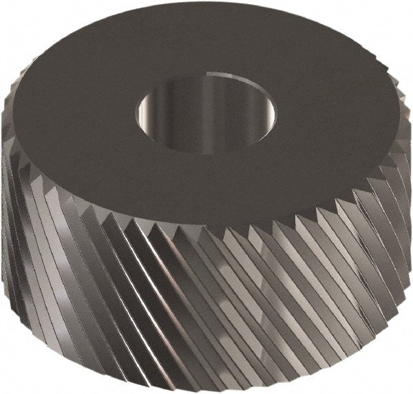 Made in USA - 1" Diam, 90° Tooth Angle, 14 TPI, Beveled Face, Form Type Cobalt Left-Hand Diagonal Knurl Wheel - 5/16" Face Width, 5/16" Hole, Circular Pitch, 30° Helix, Ferritic Nitrocarburizing Finish, Series OT - Exact Tooling