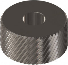 Made in USA - 1" Diam, 90° Tooth Angle, 30 TPI, Beveled Face, Form Type Cobalt Right-Hand Diagonal Knurl Wheel - 5/16" Face Width, 5/16" Hole, Circular Pitch, 30° Helix, Ferritic Nitrocarburizing Finish, Series OT - Exact Tooling