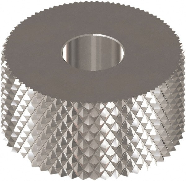 Made in USA - 1" Diam, 90° Tooth Angle, 30 TPI, Standard (Shape), Form Type High Speed Steel Male Diamond Knurl Wheel - 3/8" Face Width, 5/16" Hole, Circular Pitch, Bright Finish, Series OU - Exact Tooling