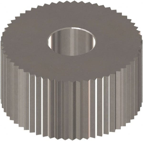 Made in USA - 1" Diam, 90° Tooth Angle, 16 TPI, Standard (Shape), Form Type High Speed Steel Straight Knurl Wheel - 3/8" Face Width, 5/16" Hole, Circular Pitch, 0° Helix, Bright Finish, Series OU - Exact Tooling