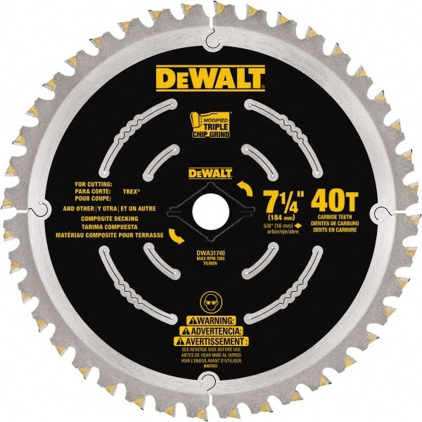 DeWALT - 7-1/4" Diam, 15.88mm Arbor Hole Diam, 40 Tooth Wet & Dry Cut Saw Blade - Steel, Framing Action, Standard Round Arbor - Exact Tooling