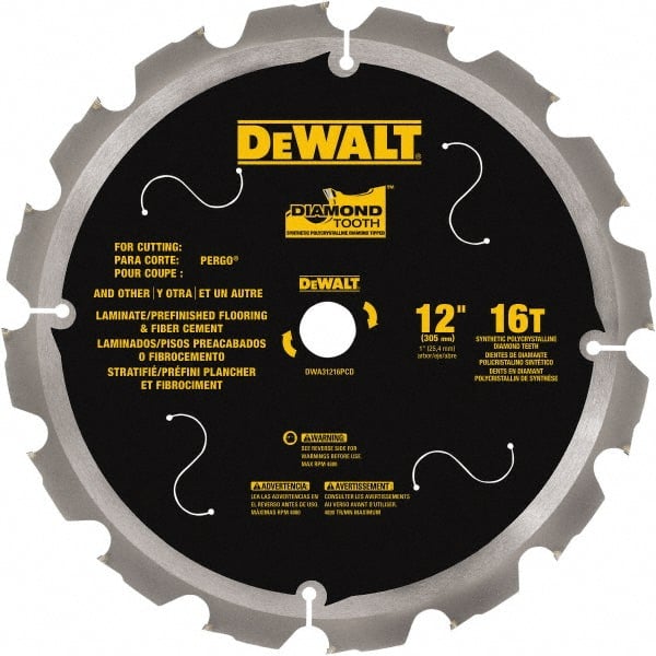 DeWALT - 12" Diam, 1" Arbor Hole Diam, 16 Tooth Wet & Dry Cut Saw Blade - Steel, Smooth Action, Standard Round Arbor - Exact Tooling