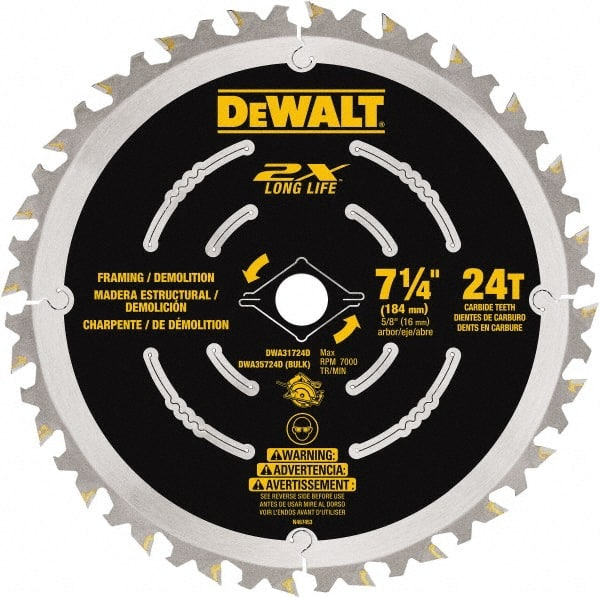 DeWALT - 7-1/4" Diam, 15.88mm Arbor Hole Diam, 48 Tooth Wet & Dry Cut Saw Blade - Steel, Framing Action, Standard Round Arbor - Exact Tooling