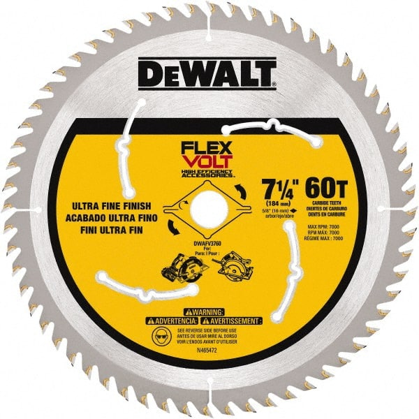 DeWALT - 7-1/4" Diam, 15.88mm Arbor Hole Diam, 60 Tooth Wet & Dry Cut Saw Blade - Steel, Smooth Action, Standard Round Arbor - Exact Tooling