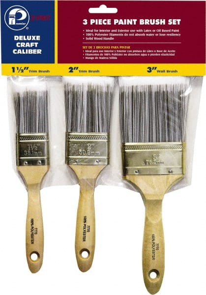 Premier Paint Roller - 1-1/2, 2 & 3" Flat Polyester General Purpose Paint Brush Set - 2-1/4 & 2-1/2 & 3" Bristle Length, 6 & 6-1/2" Wood Beavertail Handle - Exact Tooling