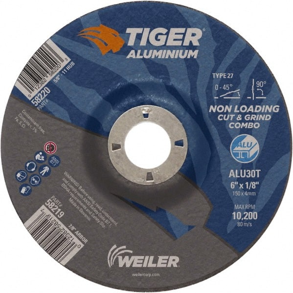 Weiler - 6" 30 Grit Aluminum Oxide/Silicon Carbide Blend Cutoff Wheel - 1/8" Thick, 7/8" Arbor, 10,200 Max RPM, Use with Angle Grinders - Exact Tooling