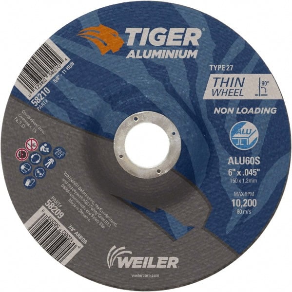 Weiler - 6" 60 Grit Aluminum Oxide/Silicon Carbide Blend Cutoff Wheel - 0.045" Thick, 7/8" Arbor, 10,200 Max RPM, Use with Angle Grinders - Exact Tooling