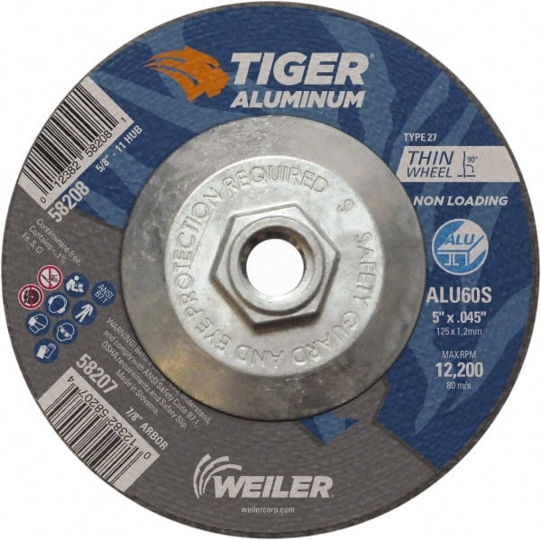 Weiler - 5" 60 Grit Aluminum Oxide/Silicon Carbide Blend Cutoff Wheel - 0.045" Thick, 5/8-11 Arbor, 12,200 Max RPM, Use with Angle Grinders - Exact Tooling