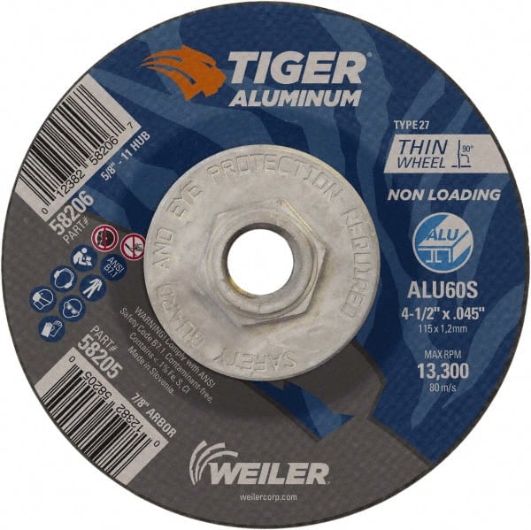 Weiler - 4-1/2" 60 Grit Aluminum Oxide/Silicon Carbide Blend Cutoff Wheel - 0.045" Thick, 5/8-11 Arbor, 13,300 Max RPM, Use with Angle Grinders - Exact Tooling