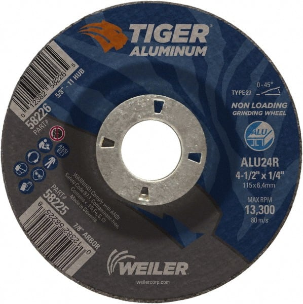 Weiler - 4-1/2" 24 Grit Aluminum Oxide/Silicon Carbide Blend Cutoff Wheel - 1/4" Thick, 7/8" Arbor, 13,300 Max RPM, Use with Angle Grinders - Exact Tooling