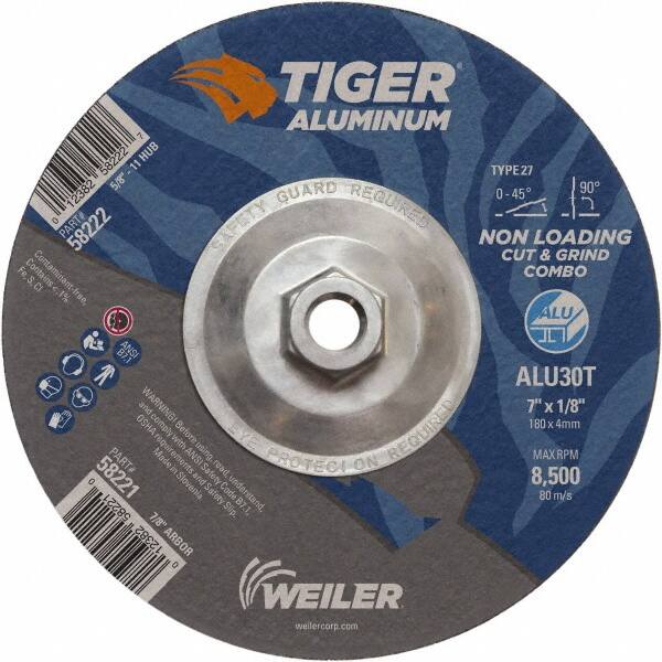 Weiler - 7" 30 Grit Aluminum Oxide/Silicon Carbide Blend Cutoff Wheel - 1/8" Thick, 5/8-11 Arbor, 8,500 Max RPM, Use with Angle Grinders - Exact Tooling
