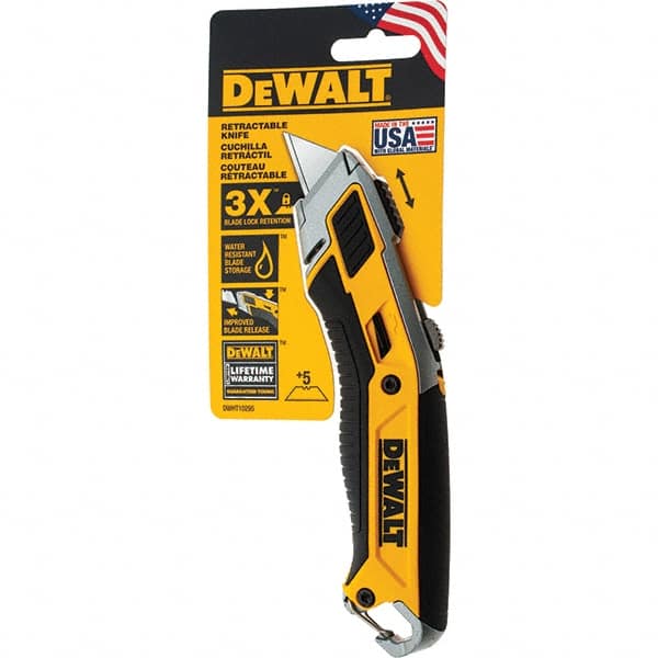 Stanley - Retractable Utility Knife - 2-1/2" Carbon Steel Blade, Yellow & Black Bi-Material -ABS/TPR Handle, 5 Blades Included - Exact Tooling