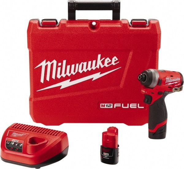 Milwaukee Tool - 1/4" Drive 12 Volt Pistol Grip Cordless Impact Wrench & Ratchet - 3,300 RPM, 0 to 4,000 BPM, 1,300 Ft/Lb Torque, 2 Lithium-Ion Batteries Included - Exact Tooling
