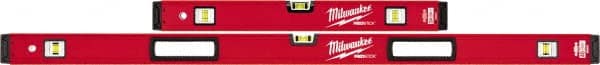 Milwaukee Tool - 24" & 48" Long 6 Vial Box Beam Level - Aluminum, Red, 2 Level & 4 Plumb Vials - Exact Tooling