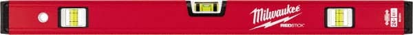 Milwaukee Tool - 24" Long 3 Vial Box Beam Level - Aluminum, Red, 1 Level & 2 Plumb Vials - Exact Tooling