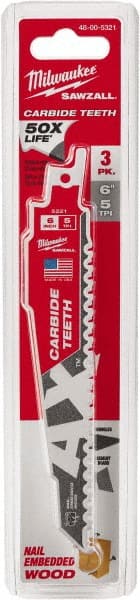 Milwaukee Tool - 6" Long x 1" Thick, Carbide Reciprocating Saw Blade - Tapered Profile, 5 TPI, Toothed Edge, Universal Shank - Exact Tooling