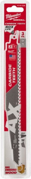 Milwaukee Tool - 9" Long x 1" Thick, Carbide Reciprocating Saw Blade - Tapered Profile, 6 TPI, Toothed Edge, Universal Shank - Exact Tooling