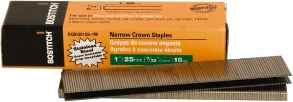 Stanley Bostitch - 1" Long x 7/32" Wide, 18 Gauge Narrow Crown Construction Staple - Steel, Chisel Point - Exact Tooling