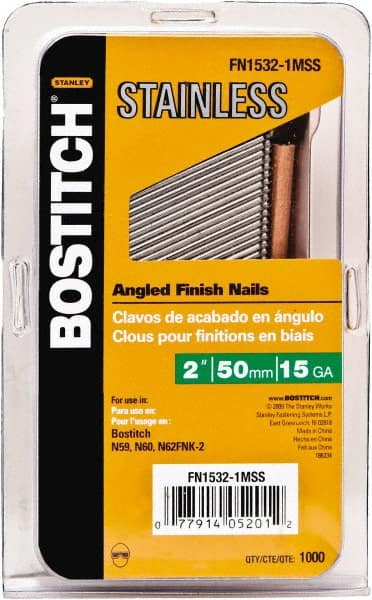 Stanley Bostitch - 15 Gauge 0.07" Shank Diam 1-1/2" Long Finishing Nails for Power Nailers - Stainless Steel, Smooth Shank, Angled Stick Adhesive Collation, Round Head, Chisel Point - Exact Tooling