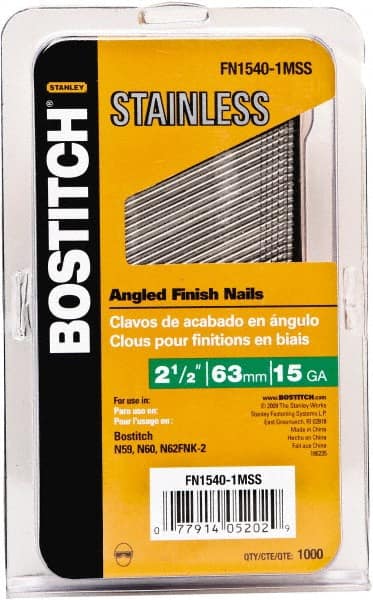 Stanley Bostitch - 15 Gauge 0.07" Shank Diam 2-1/2" Long Finishing Nails for Power Nailers - Stainless Steel, Smooth Shank, Angled Stick Adhesive Collation, Round Head, Chisel Point - Exact Tooling