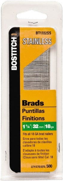 Stanley Bostitch - 18 Gauge 0.05" Shank Diam 1-1/4" Long Brad Nails for Power Nailers - Stainless Steel, Ring Shank, Straight Stick Adhesive Collation, Brad Head, Chisel Point - Exact Tooling