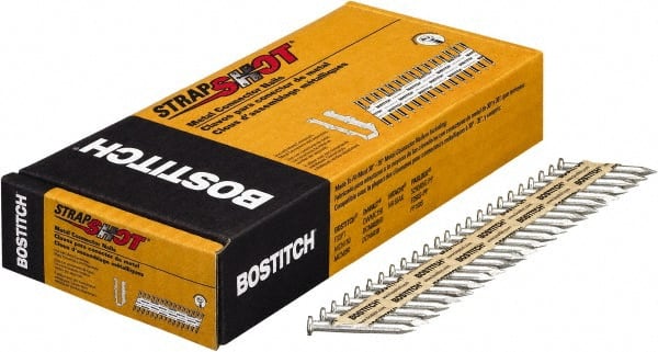 Stanley Bostitch - 10 Gauge 0.148" Shank Diam 1-1/2" Long Metal Connecting Nails for Power Nailers - Steel, Galvanized Finish, Smooth Shank, Angled Stick Paper Tape Collation, Round Head, Diamond Point - Exact Tooling