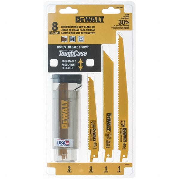 DeWALT - 8 Pieces, 6" to 9" Long x 0.04" to 0.06" Thickness, Bi-Metal Reciprocating Saw Blade Set - Straight Profile, 6 to 18 Teeth, Toothed Edge - Exact Tooling