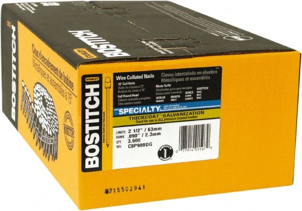 Stanley Bostitch - 13 Gauge 2-1/2" Long Siding Nails for Power Nailers - Steel, Galvanized Finish, Smooth Shank, Coil Wire Collation, Round Head, Blunt Diamond Point - Exact Tooling