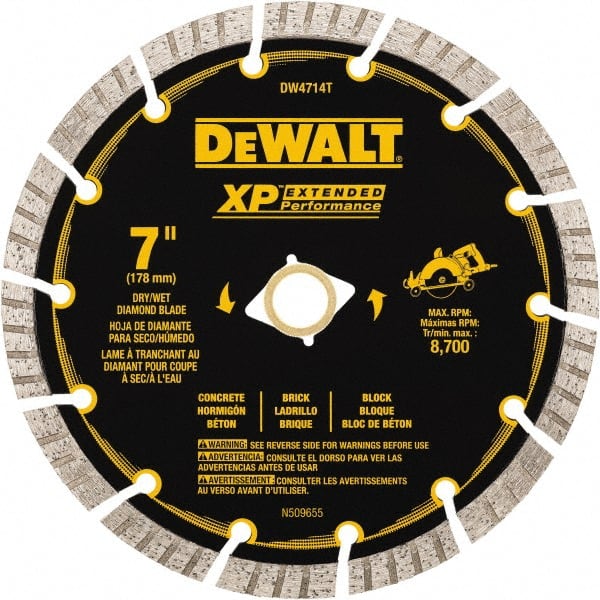DeWALT - 7" Diam, 5/8" Arbor Hole Diam, 14 Tooth Wet & Dry Cut Saw Blade - Diamond Matrix, Fast Cutting Action, Standard Round Arbor - Exact Tooling