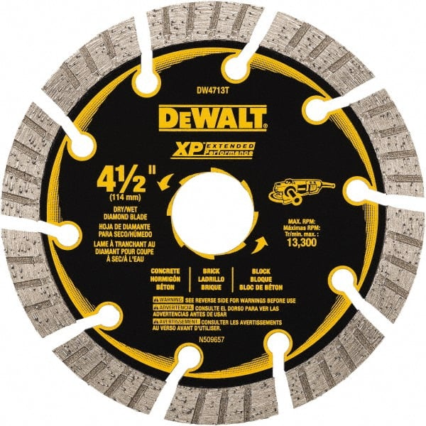 DeWALT - 4-1/2" Diam, 5/8" Arbor Hole Diam, 10 Tooth Wet & Dry Cut Saw Blade - Diamond Matrix, Fast Cutting Action, Standard Round Arbor - Exact Tooling