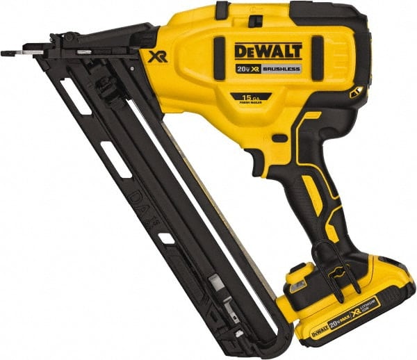 DeWALT - Cordless Finish Nailer Kit - 15 Gauge Nail Diam, 1-1/4 to 2-1/2" Long Nail, Includes DCB203 2Ah Battery, Carry Bag & Charger - Exact Tooling