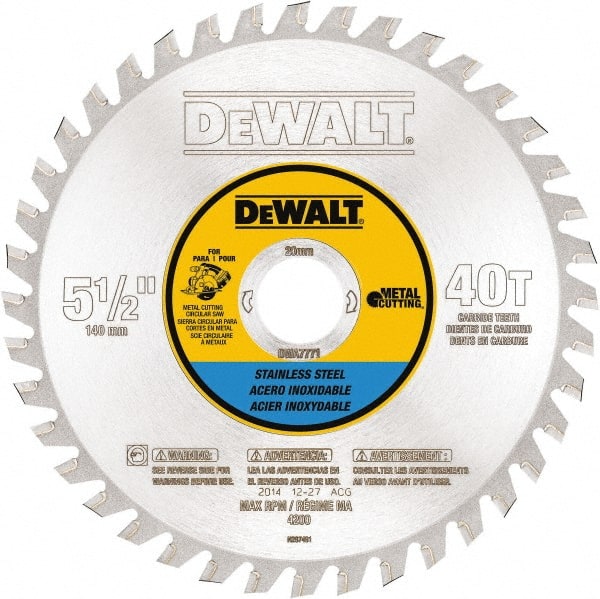 DeWALT - 5-1/2" Diam, 25/32" Arbor Hole Diam, 40 Tooth Wet & Dry Cut Saw Blade - Steel, Crosscutting Action, Standard Round Arbor - Exact Tooling