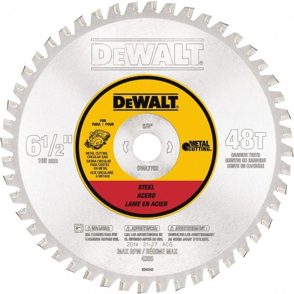 DeWALT - 6-1/2" Diam, 5/8" Arbor Hole Diam, 48 Tooth Wet & Dry Cut Saw Blade - Steel, Crosscutting Action, Standard Round Arbor - Exact Tooling