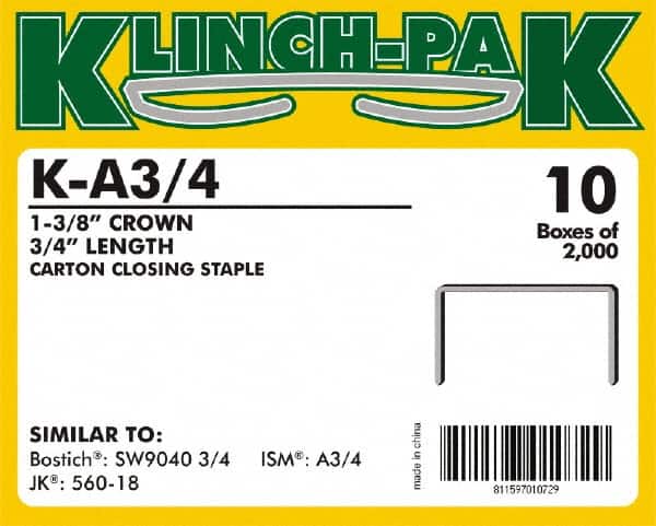 Klinch-Pak - 3/4" Long x 1-3/8" Wide, 0 Gauge Wide Crown Construction Staple - Steel, Copper Finish, Chisel Point - Exact Tooling
