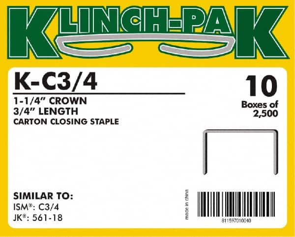 Klinch-Pak - 3/4" Long x 1-1/4" Wide, 0 Gauge Wide Crown Construction Staple - Steel, Copper Finish, Chisel Point - Exact Tooling