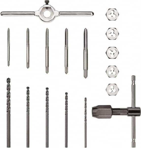DeWALT - #6-32 to 1/4-20 Tap, #6-32 to 1/4-20 Die, UNC, Tap and Die Set - Carbon Steel, Carbon Steel Taps, Taper Taps, Nonadjustable, 17 Piece Set - Exact Tooling